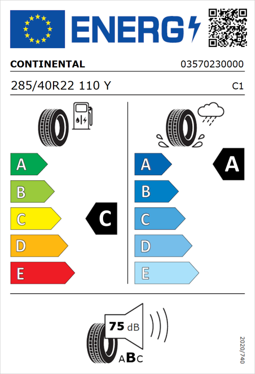 Tyre Label for Continental SportContact 6 ContiSilent 285/40R22 110Y