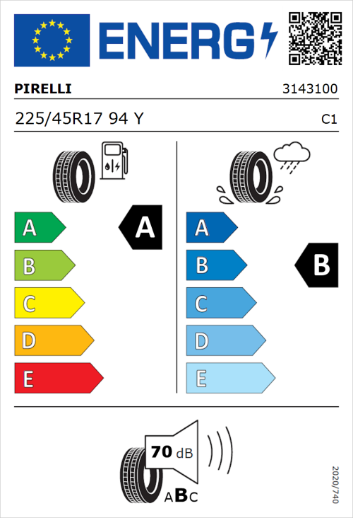 Tyre Label for Pirelli Cinturato P7 (P7C2) 225/45R17 94Y