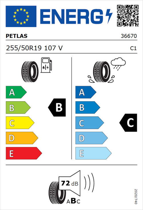 Tyre Label for Petlas Explero PT431 H/T 255/50R19 107V