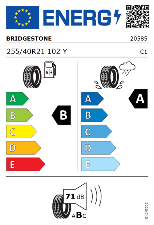 Tyre Label for Bridgestone Turanza 6 255/40R21 102Y