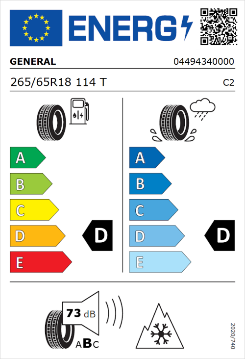 Tyre Label for General Grabber AT 3 265/65R18 114T