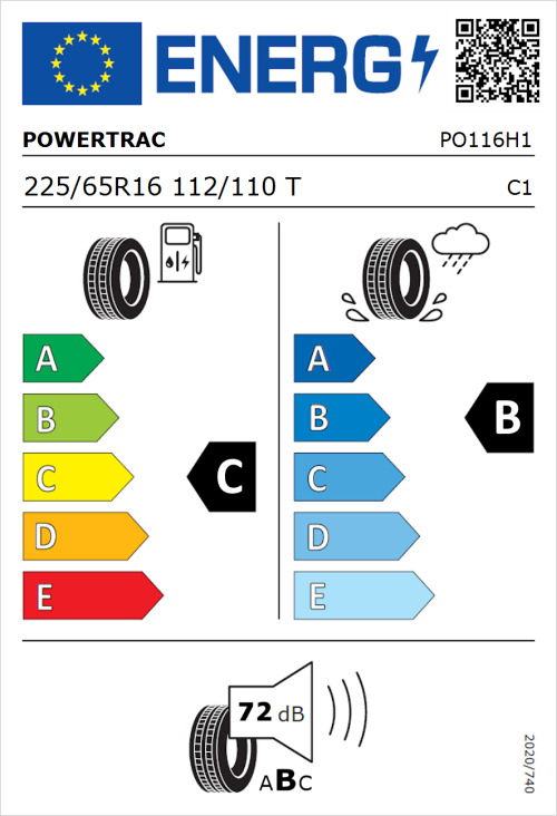 Tyre Label for Powertrac Van Tour 225/65R16 112/110T
