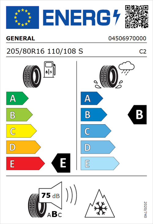 Tyre Label for General Grabber AT 3 205/80R16 110/108S